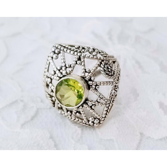 Victorian Filigree RING Peridot 925 Solid Sterling Silver Filigree Ring Jewelry Art Deco Style Ring ~ Size 9 ~ Esoteric Stone