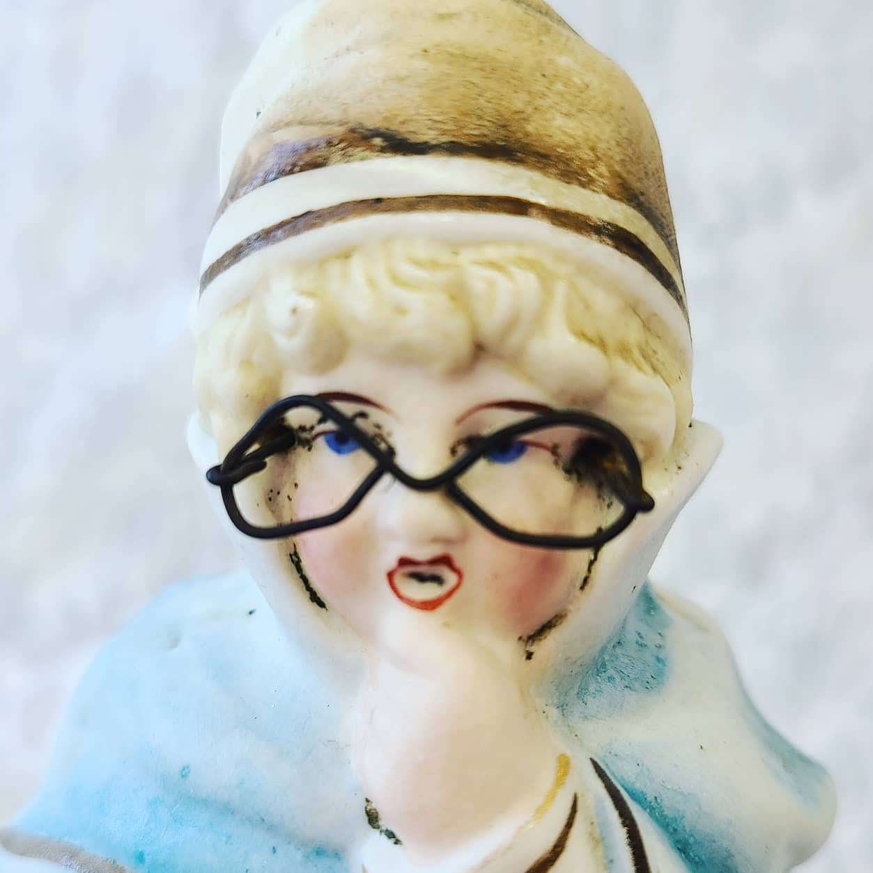 Antique German Boy Figurine 7" Bisque with Applied Metal Glasses