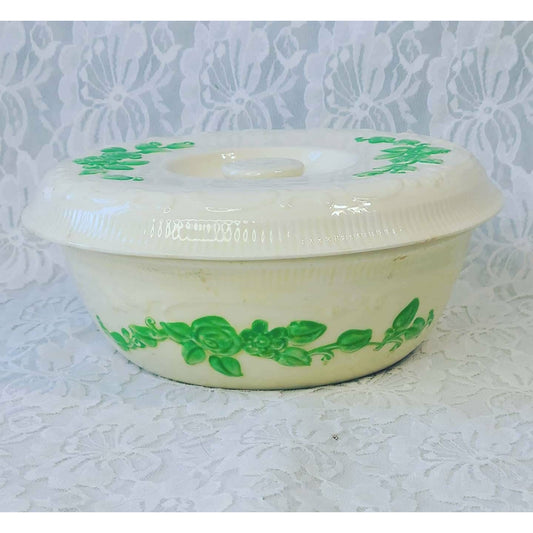 Vintage Homer Laughlin Oven Serve Ivory Covered Casserole Baker Bowl Dish w/lid ~ Green Leaf ~ Beige