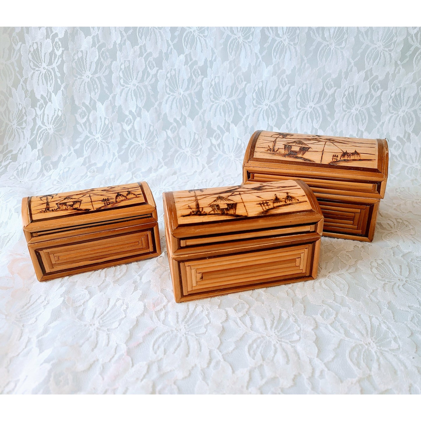 Vintage Hand Painted Indonesian Nesting Bamboo Boxes ~ Intricate Wood Burning Design ~ Red Velvet Inside