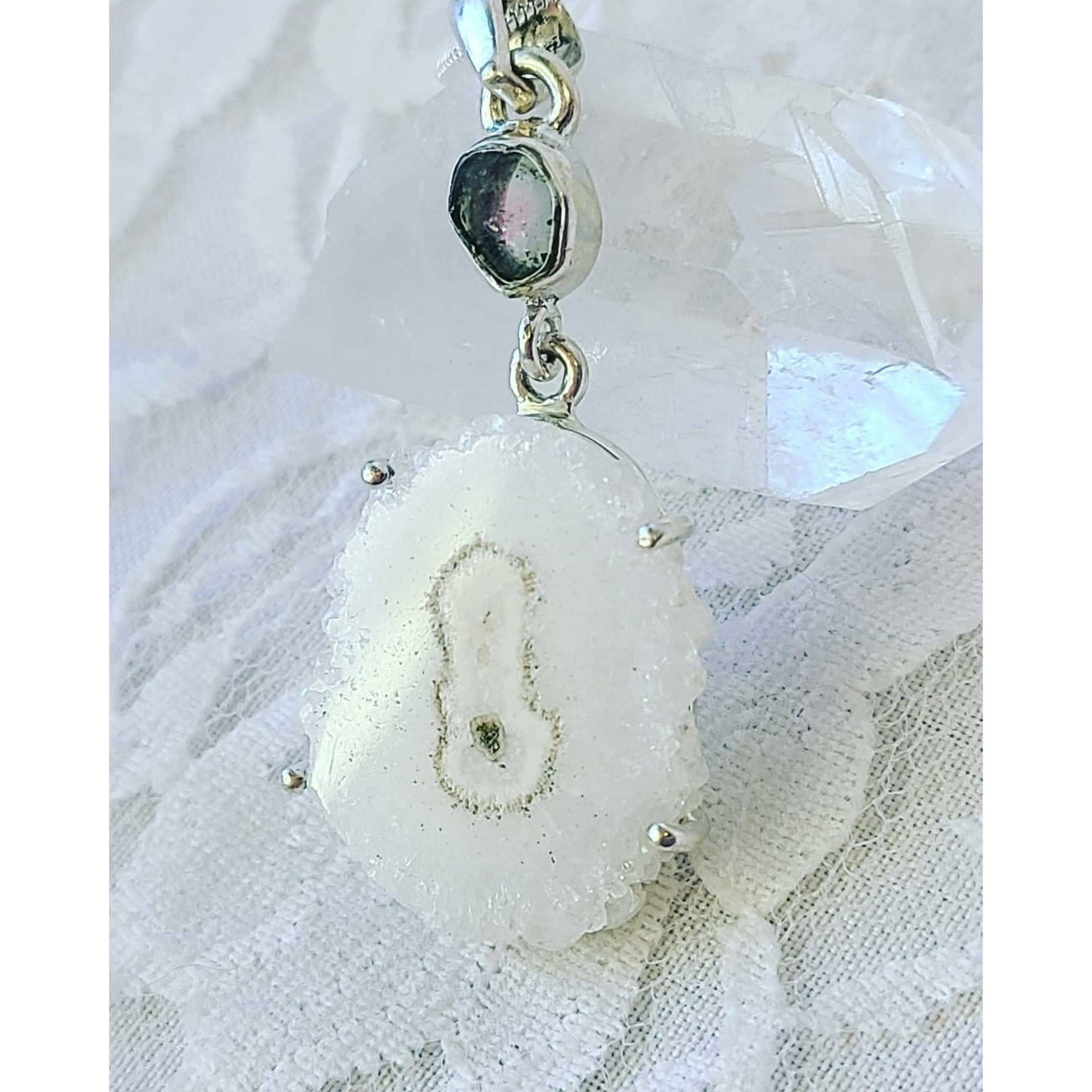 Large Solar Quartz Eye Pendant Necklace with Mystic Topaz ~ Sterling Silver ~ Marked 925 ~ Spiritual Stones