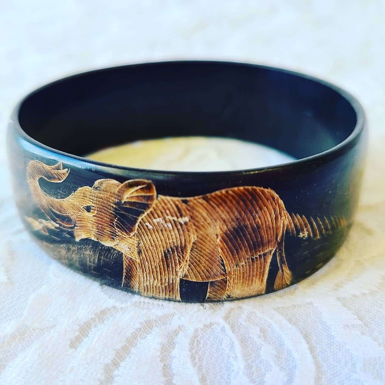 Vintage Bohemian Bracelet ~ Hand Carved Water Buffalo Horn ~ Engraved Elephant Peacock Bangle Bracelet ~ Engraved ~ India ~ 24mm Wide ~ Boho Hippie Bracelet