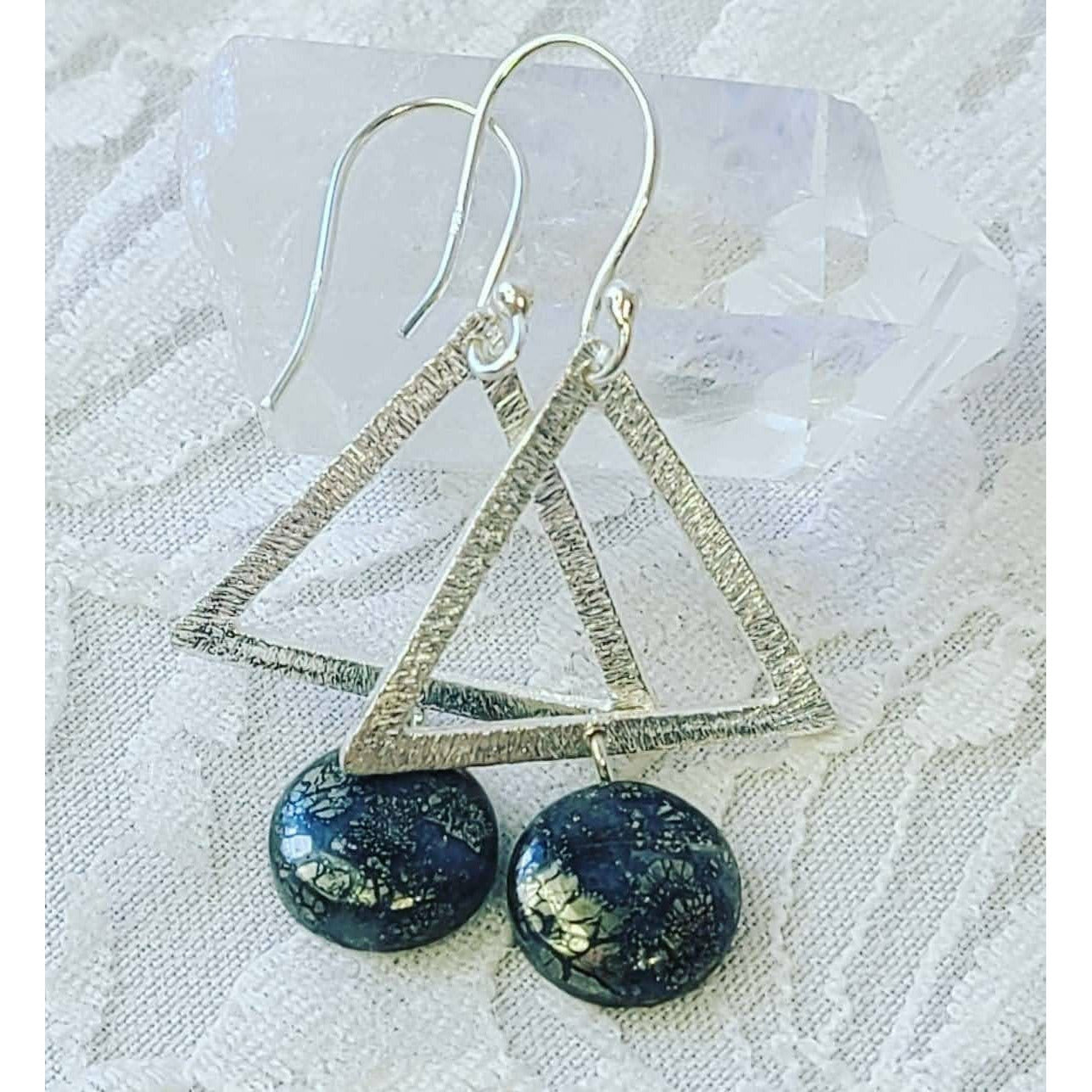 Pyrite Earrings Hammered Triangle Sterling Silver Earrings with Pyrite in Agate ~ Money Magick Earrings ~ Crystal Power Energy ~ Spiritual Energy