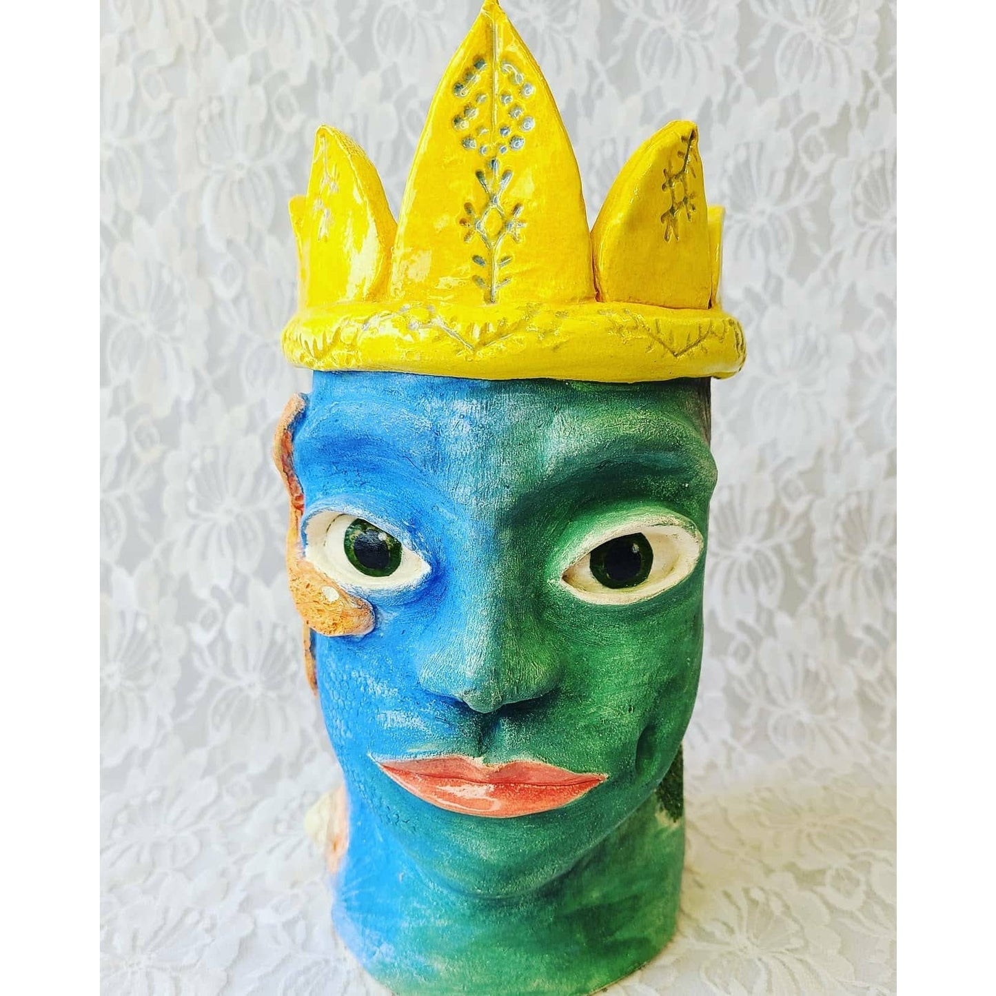 Weird and Unique! Altar Piece ~ Unusual Modern Art Pottery ~ King of the Sea and the Forest ~ Head Vase ~ Retro Kitsch