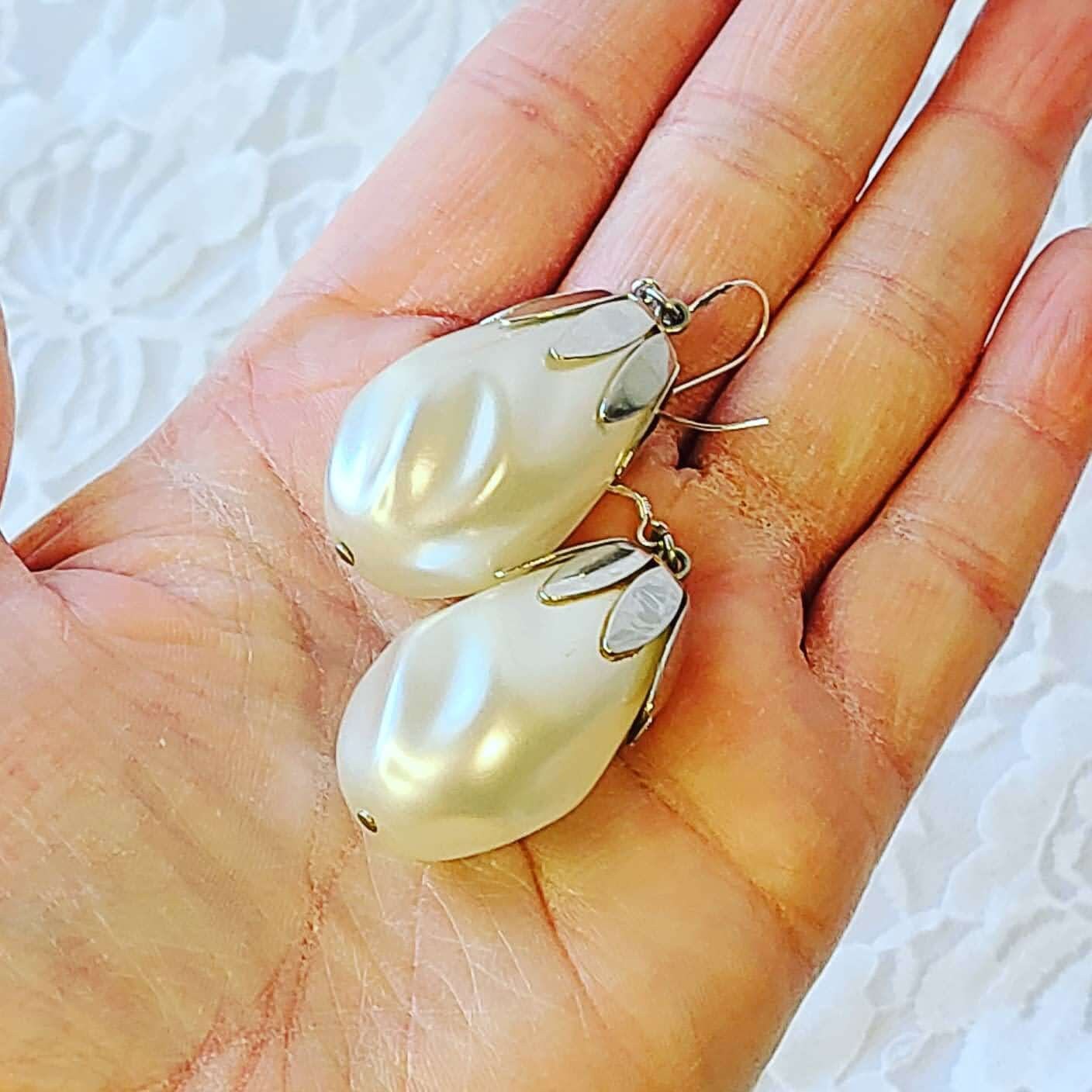 Handmade Earrings ~ HUGE Faux Lucite Pearl on Sterling Silver Hooks ~ Repurposed Earrings ~ Upcycled Jewelry