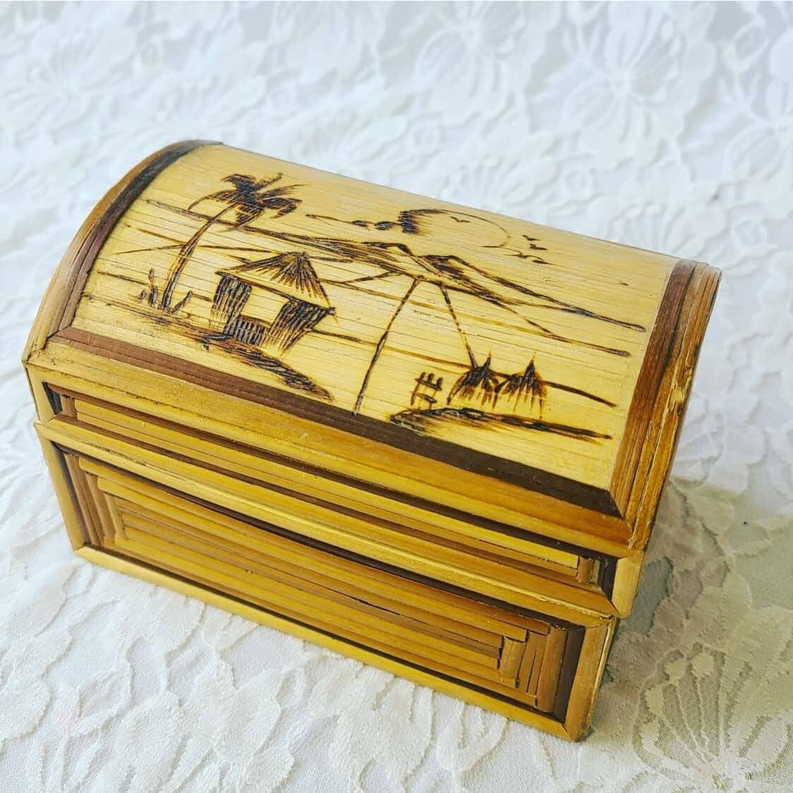 Vintage Hand Painted Indonesian Nesting Bamboo Boxes ~ Intricate Wood Burning Design ~ Red Velvet Inside