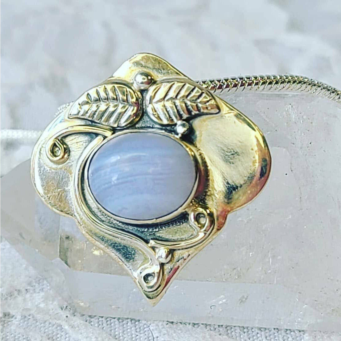 Artisan Made Blue Lace Agate Sterling Silver Pendant Necklace OOAK  Marked 925 ~ Crystal Healing Energy ~ Made in India