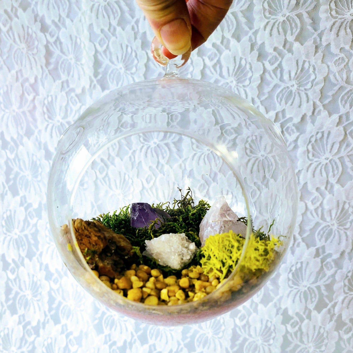 Vintage Clear Glass Hanging Crystal Terrarium Ball ~ Amethyst ~ Clear Quartz ~ Candle Quartz Druzy