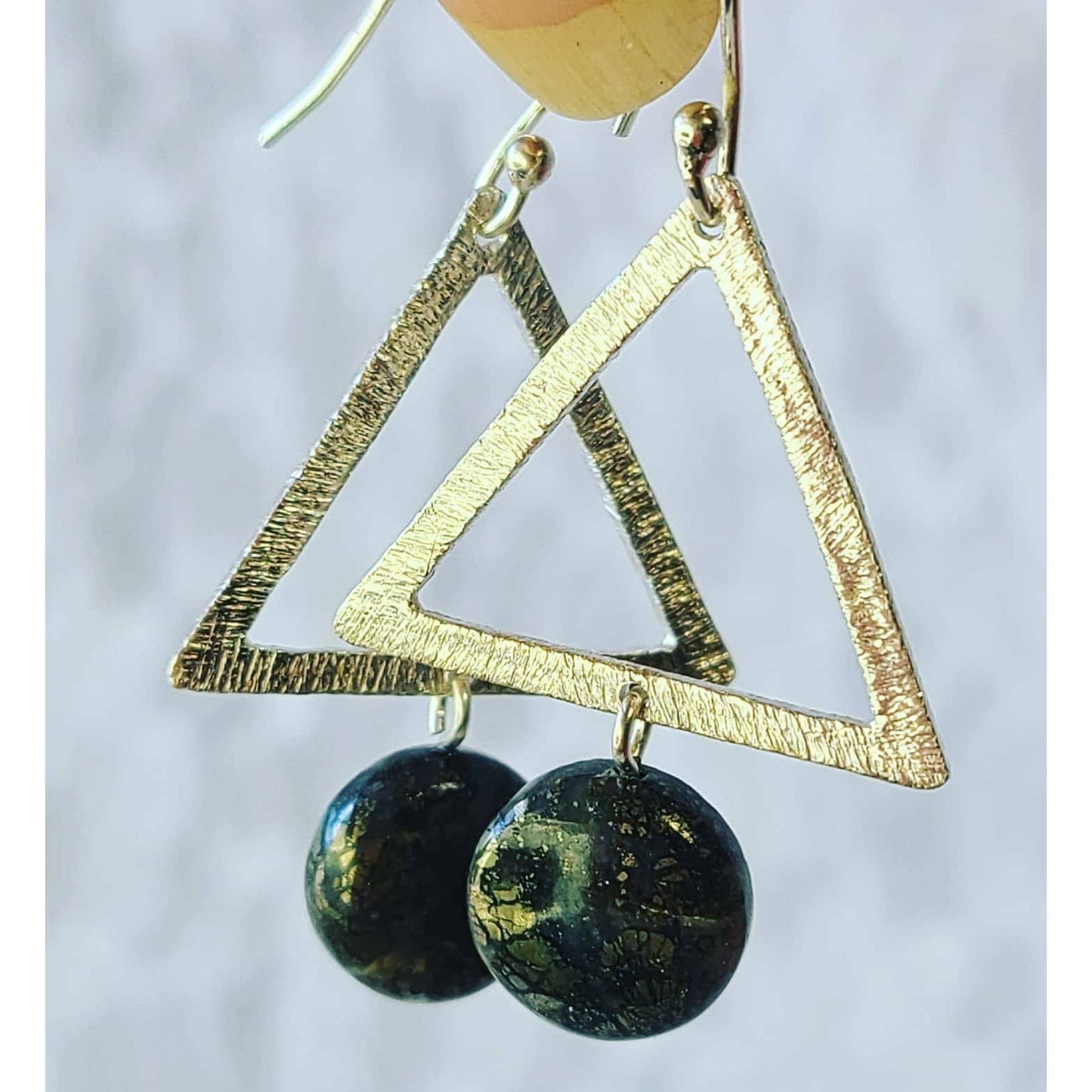 Pyrite Earrings Hammered Triangle Sterling Silver Earrings with Pyrite in Agate ~ Money Magick Earrings ~ Crystal Power Energy ~ Spiritual Energy