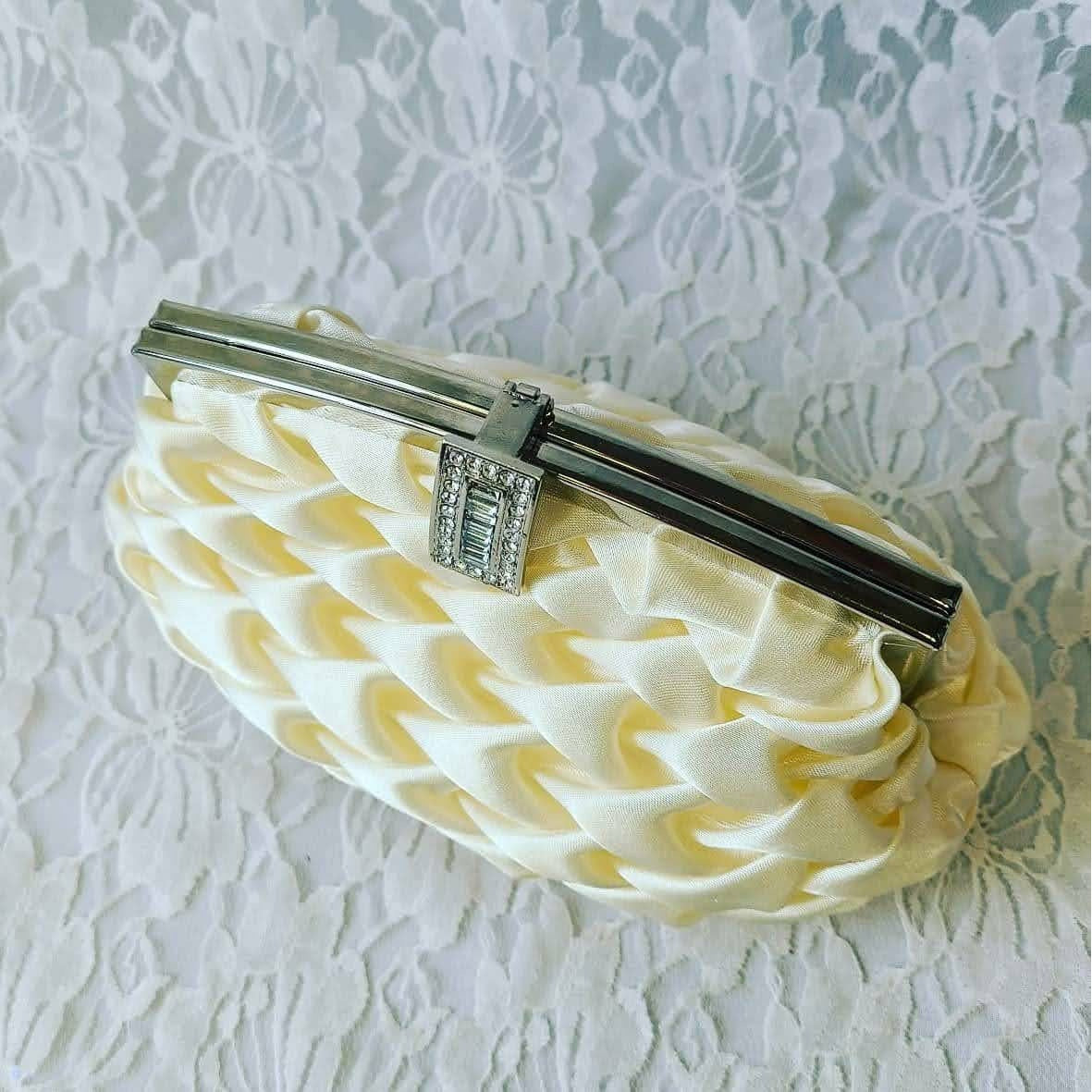 Vintage Off-White Jeweled Clutch Purse Handbag ~ Rhinestone Clasp ~ Ruched Design ~ Prom or Wedding
