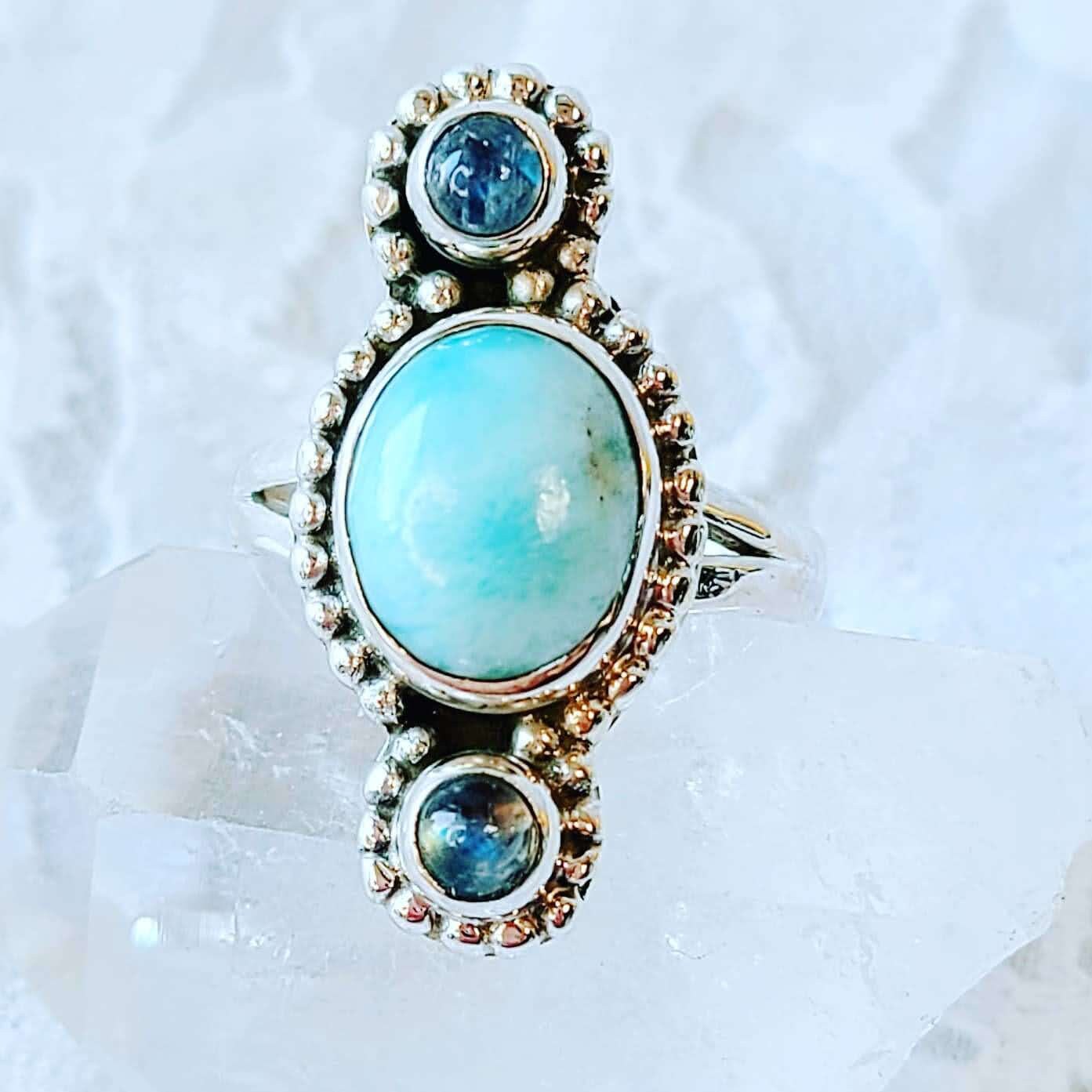 Sterling Silver Ring with Genuine Dominican Larimar and Rainbow Moonstone ~ Size 7.5 ~ One of a Kind