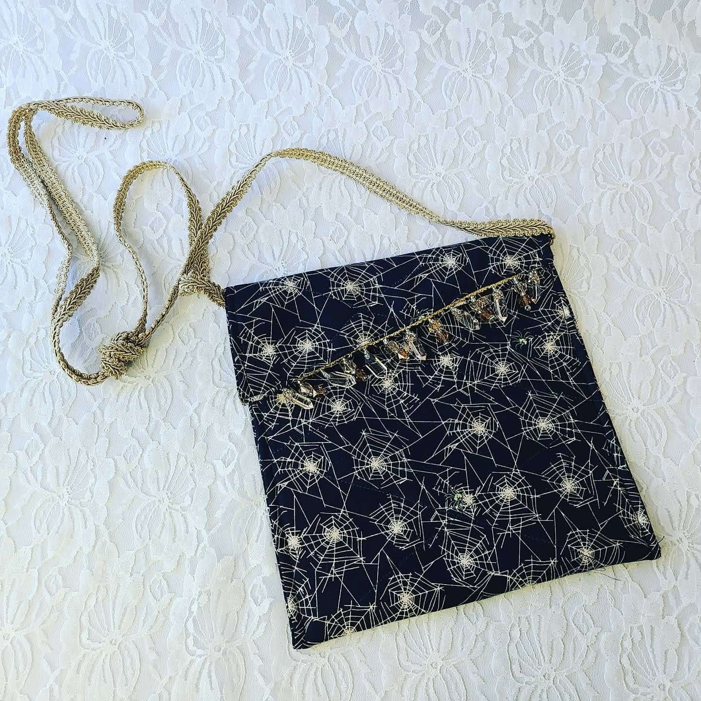 Handmade Crossbody Purse ~ OOAK Black Spiderweb Halloween Style Handbag Embellished w/ Crystal Beads~ Storage Bag ~ Camera Bag ~ Phone Storage ~ 8" x 7"