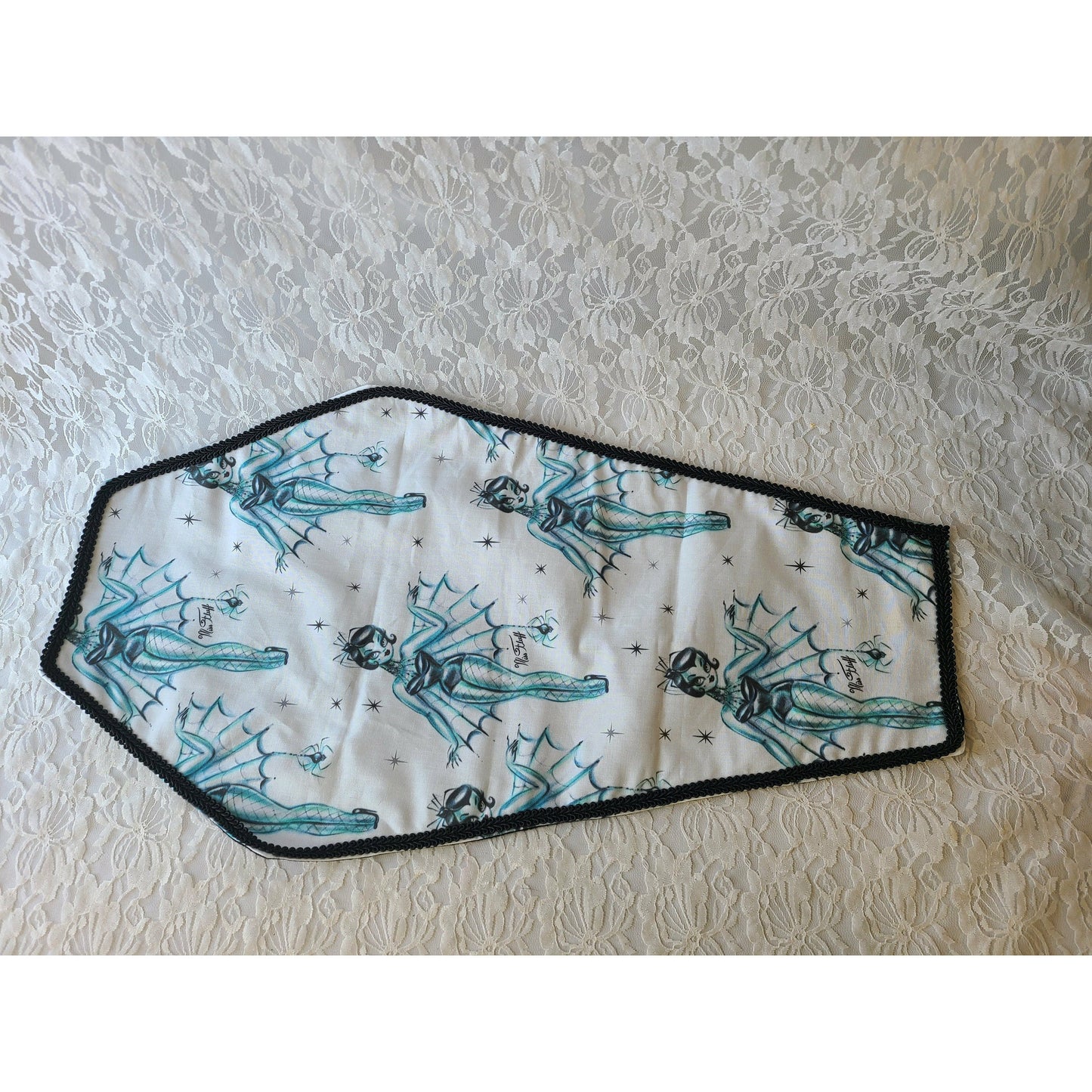 Handmade Table Runner ~ COFFIN Shaped Halloween Table Runner w/ Pin-Up Girl Bats ~ White and Teal ~ Unique ~ Quilt Style ~ OOAK Fall Décor