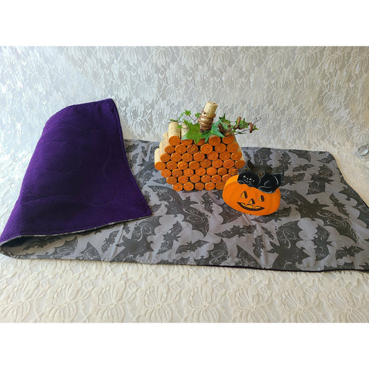 Handmade Table Runner ~ Big 35" x 13" Halloween Table Runner ~ BATS ~ Black ~ Unique ~ Quilt Style ~ OOAK Fall Décor ~ Purple Underside
