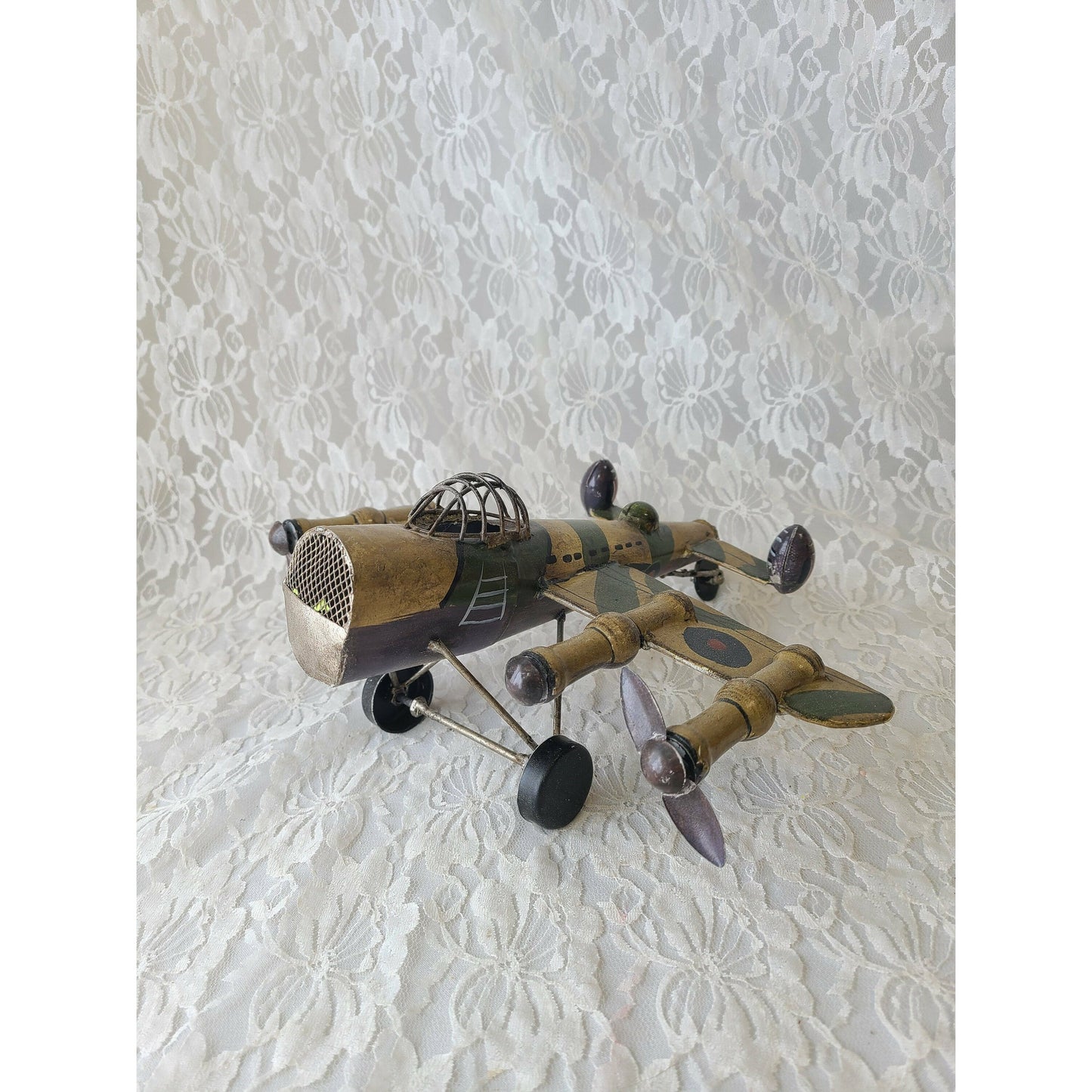 Vintage Metal Folk Art Airplane ~ WW2 Fighter Bomber ~ Free-Standing ~ Handmade ~ Gift for a Pilot or Veteran ~ Gift for Grandpa