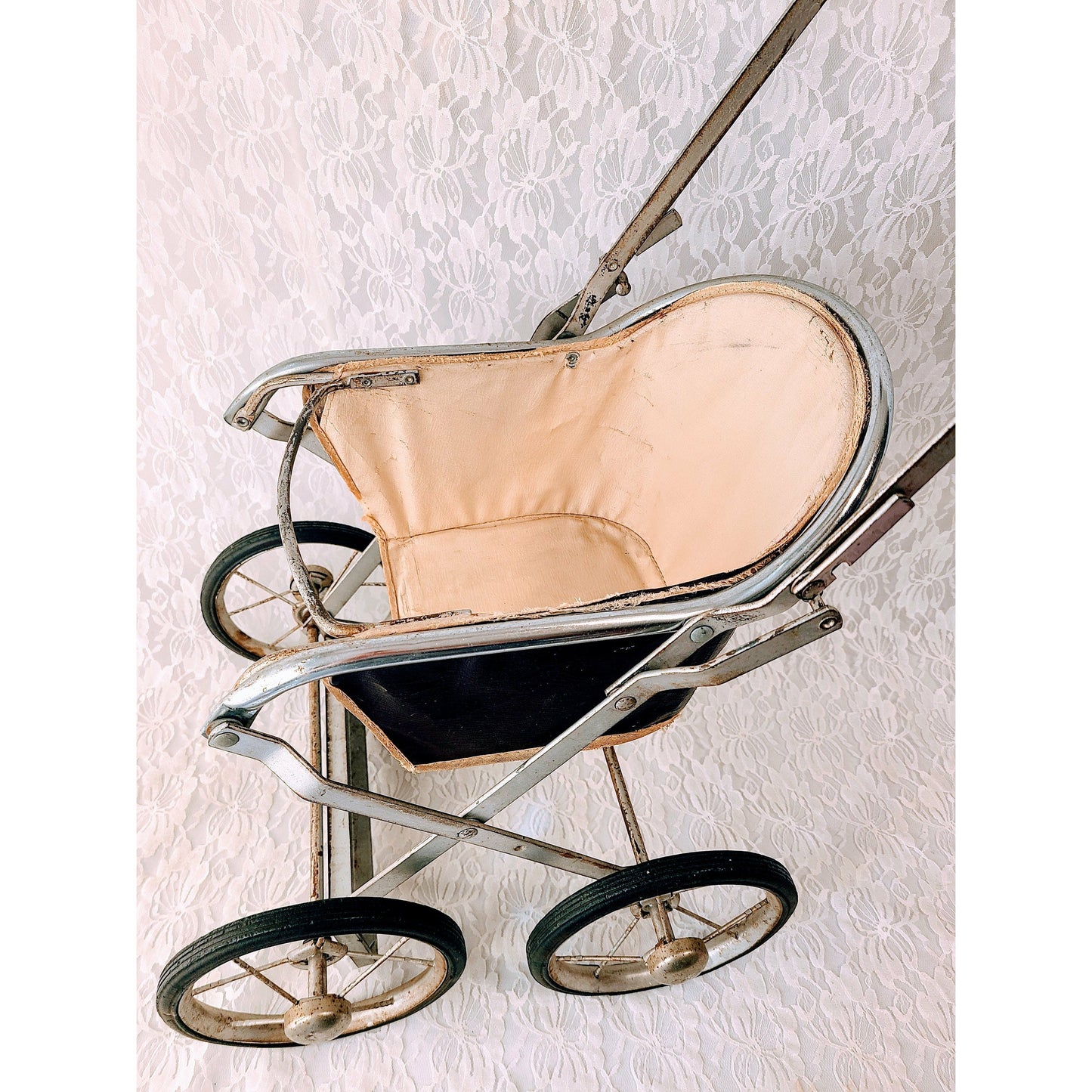 Reserved Jessica 10/17 Large Antique 1950s Metal Doll Stroller Carriage Pram ~ Foldable Frame 25" for Composition, French German, or Porcelain Doll Display