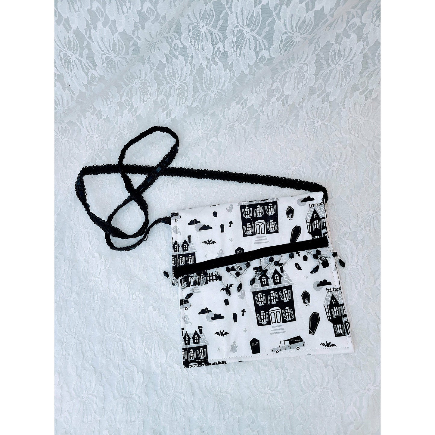 Crossbody Phone Storage Purse ~ Handbag ~ White Spooky House Halloween Handmade Storage Bag ~ Camera Bag ~ Embellished with Crystal Beads