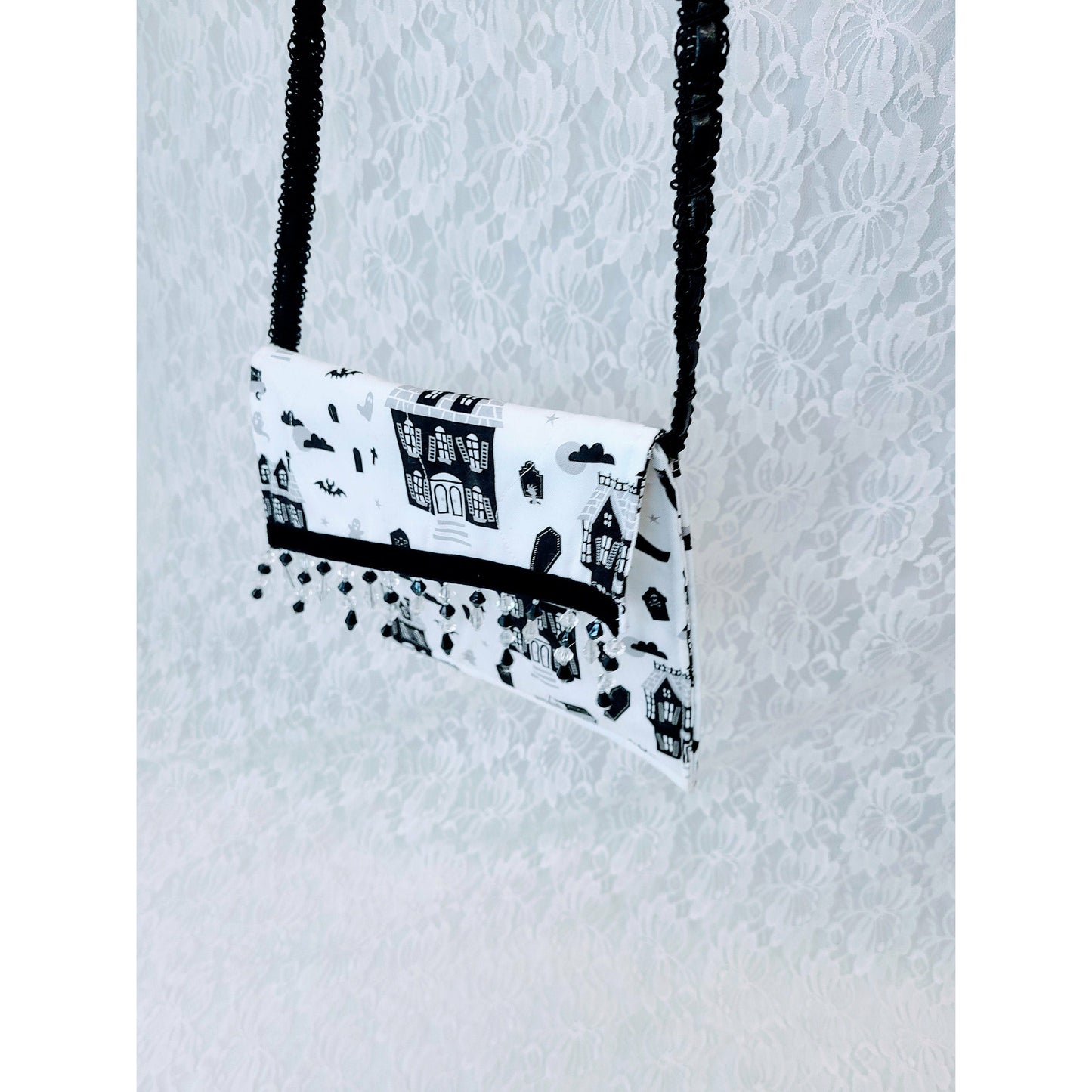 Crossbody Phone Storage Purse ~ Handbag ~ White Spooky House Halloween Handmade Storage Bag ~ Camera Bag ~ Embellished with Crystal Beads