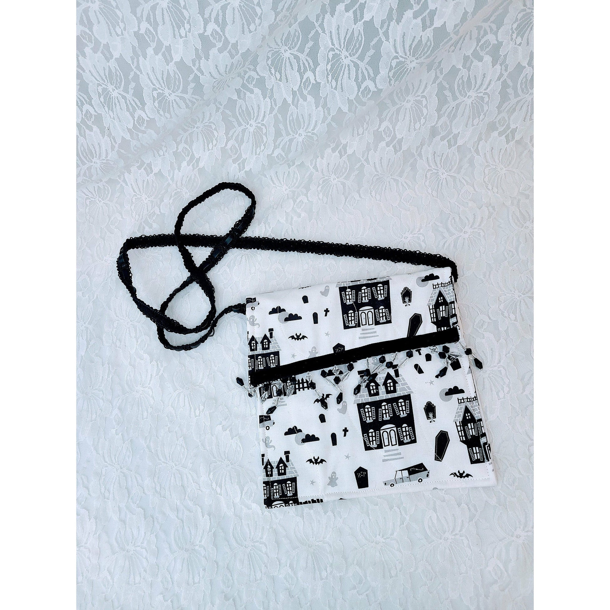 Crossbody Phone Storage Purse ~ Handbag ~ White Haunted House Halloween Handmade Storage Bag ~ Camera Bag ~ Embellished with Crystal Beads