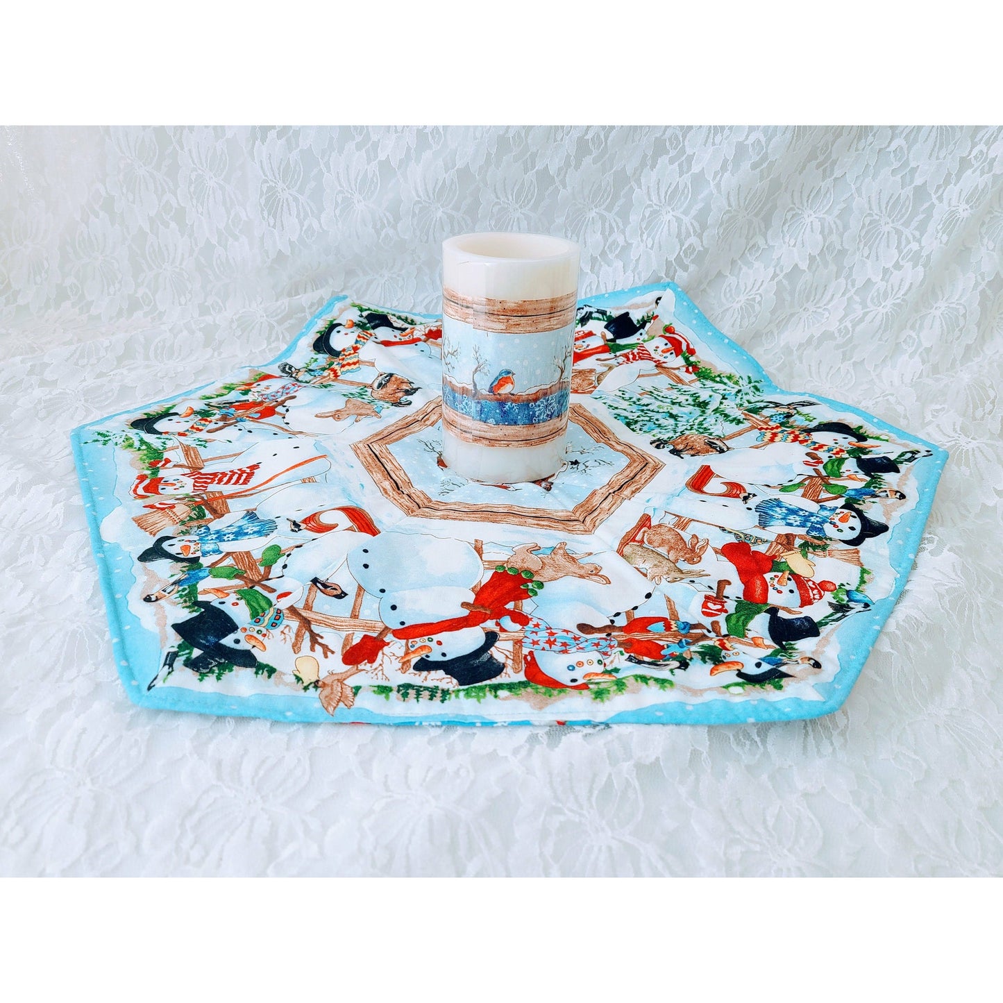 Handmade Christmas Table Runner ~Large 20" Accent Runner w/ Matching Battery Candle ~ Snowman Blue Cute ~ Unique! ~OOAK Holiday Décor
