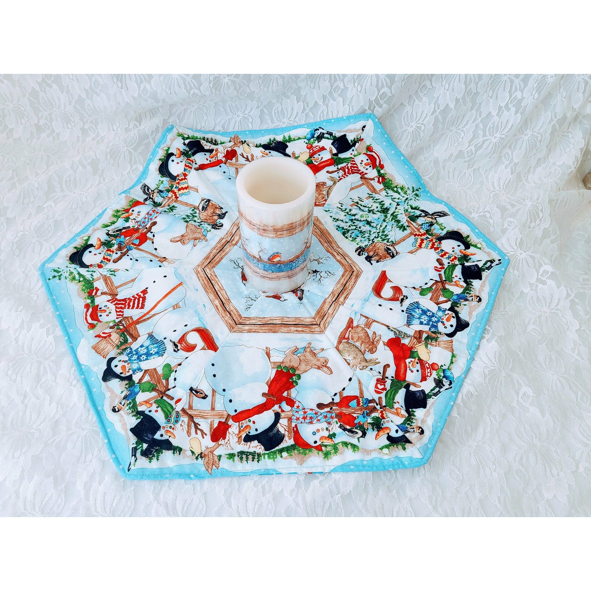 Handmade Christmas Table Runner ~Large 20" Accent Runner w/ Matching Battery Candle ~ Snowman Blue Cute ~ Unique! ~OOAK Holiday Décor