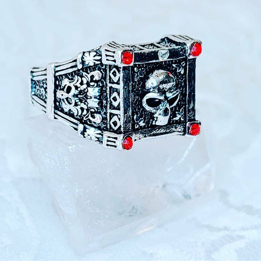 Silver Skull Ring w/ Red Rhinestones Square Stainless Steel ~ Boyfriend Gift ~ Gift for Best Friends ~ Comes in Gift Box ALMOST GONE!