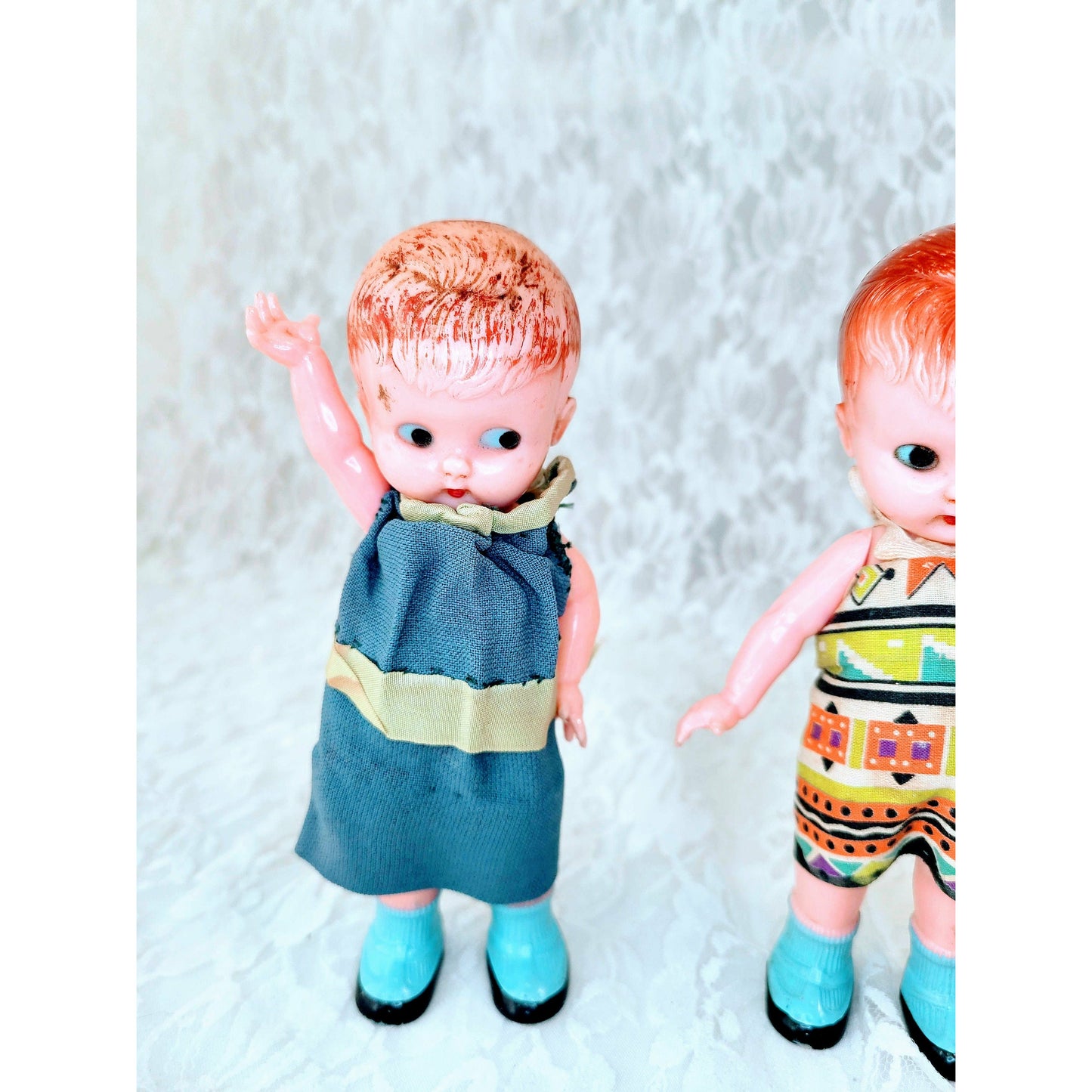 Rare! Set of Two (2) Celluloid 1950s Vintage 6" Kewpie Doll RATTLES ~ Jointed Arms ~ Fixed Legs ~ Moving Arms ~ ORIGINAL Clothing