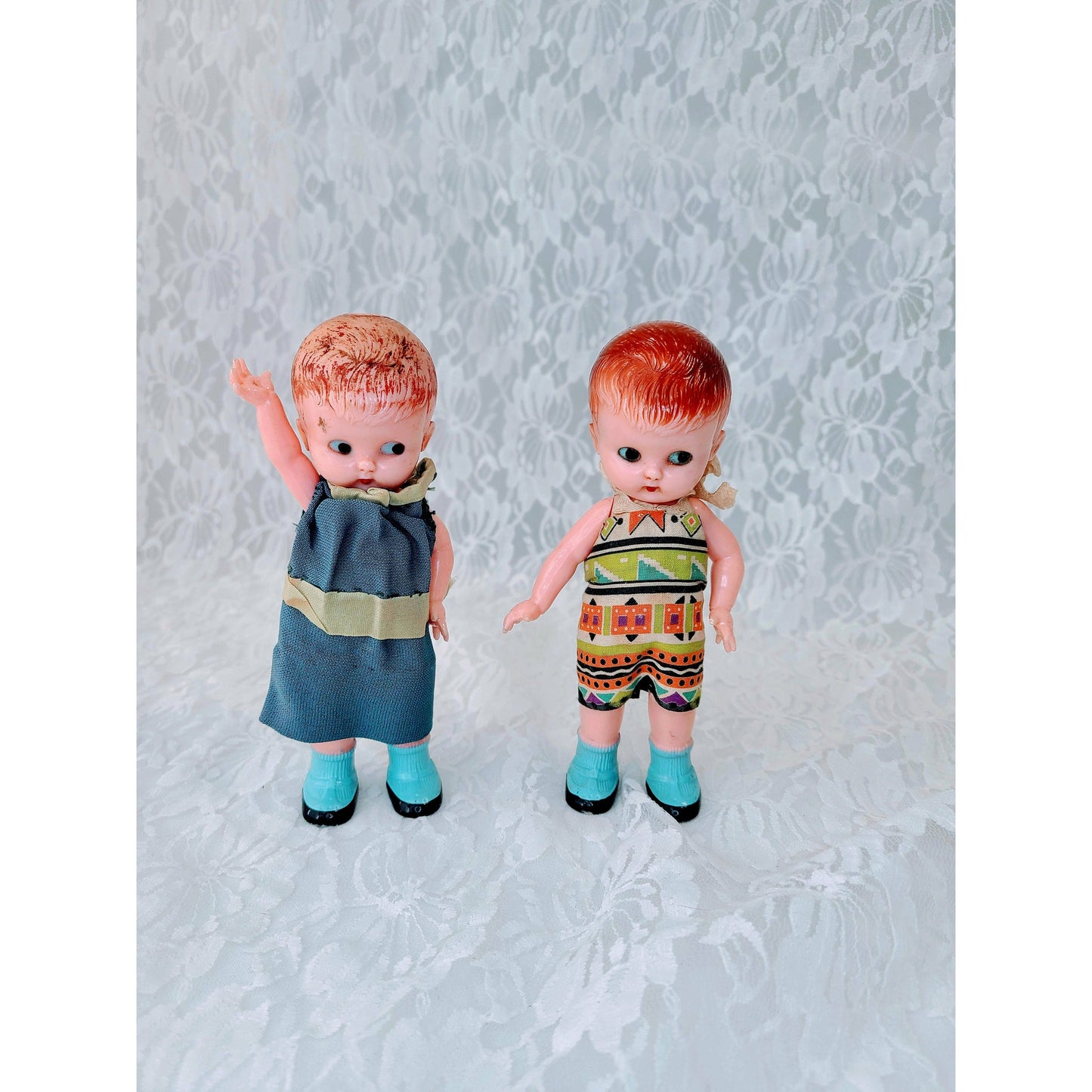 Rare! Set of Two (2) Celluloid 1950s Vintage 6" Kewpie Doll RATTLES ~ Jointed Arms ~ Fixed Legs ~ Moving Arms ~ ORIGINAL Clothing