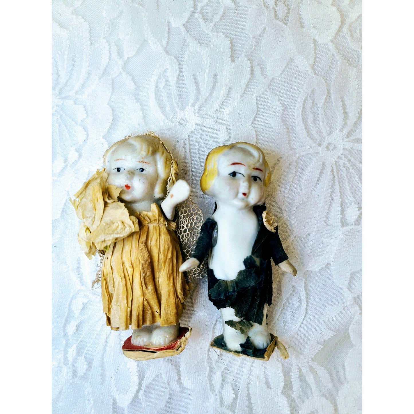 Vintage Wedding Dolls ~ Miniature Frozen Charlotte Bisque 3" Porcelain Dolls ~ Bride & Groom ~ Crepe paper Clothing ~ Sold AS-IS