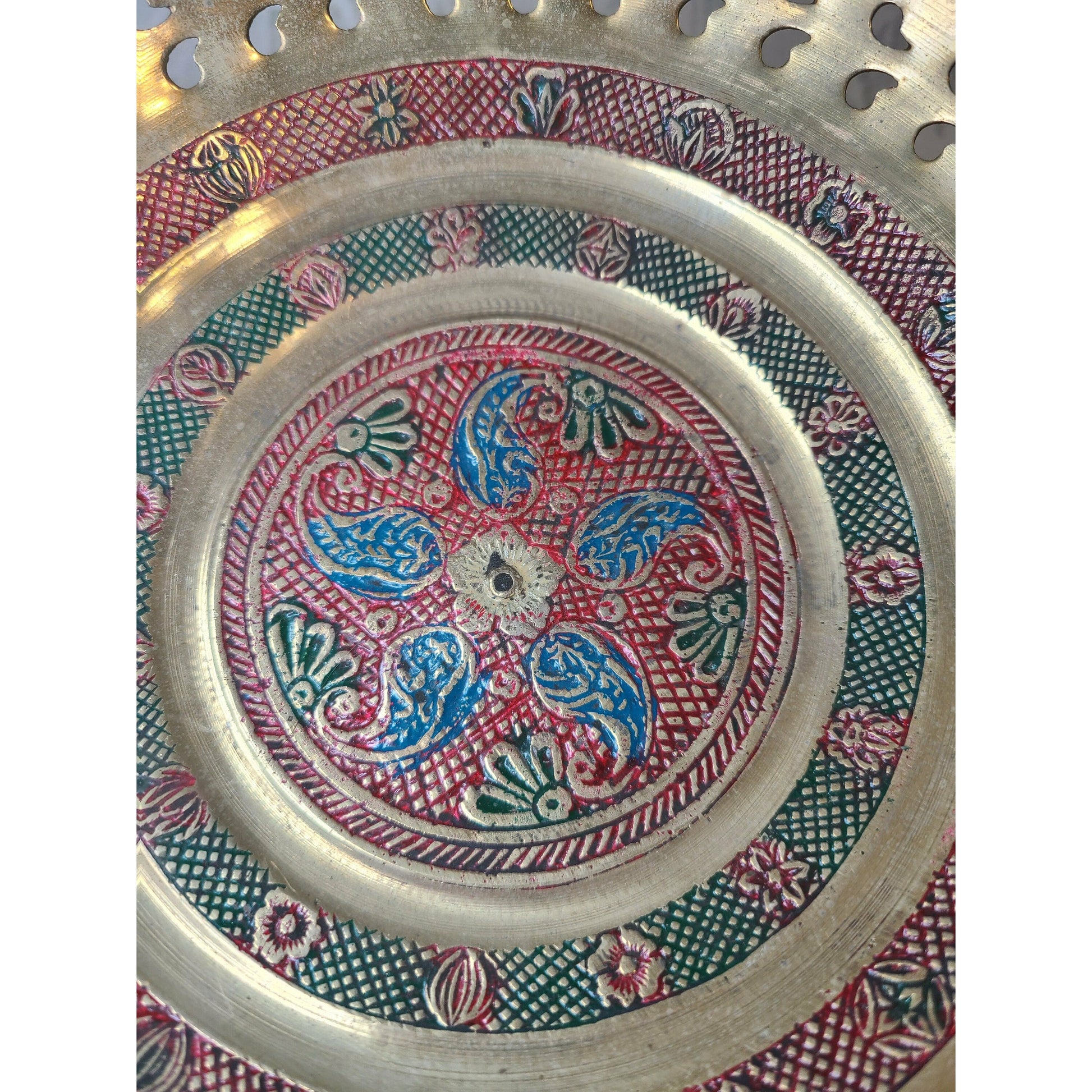 Antique India Brass Enamel Pedestal Plate Tray ~ For Altar or Crystal Display ~ 6.5" wide 3.9" Tall ~ Candies, Serving, or Display