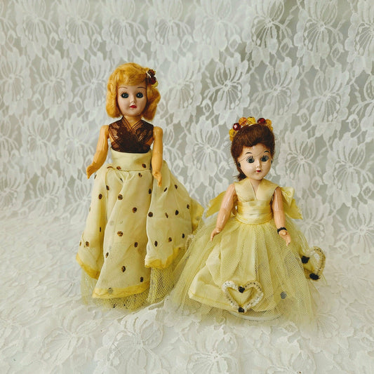 Set of 2 Vintage 1950s Celluloid Dolls ~ Sisters?  Chenille Hearts on Organza Dresses