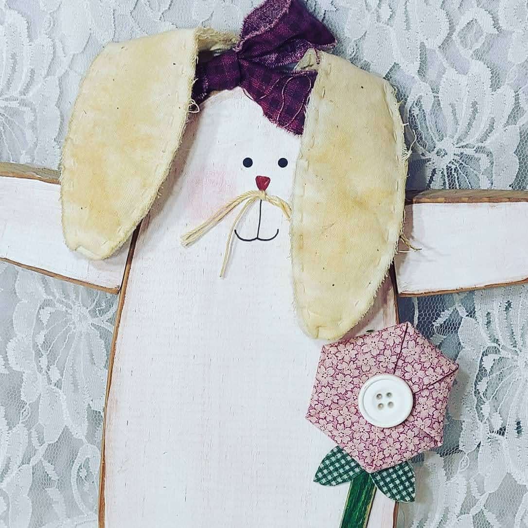 Easter Decorations Wooden Tole Painted 10" Handmade Primitive Shabby Bunny with Fabric Ears ~ Hanging Wood Ornament ~ OOAK Art