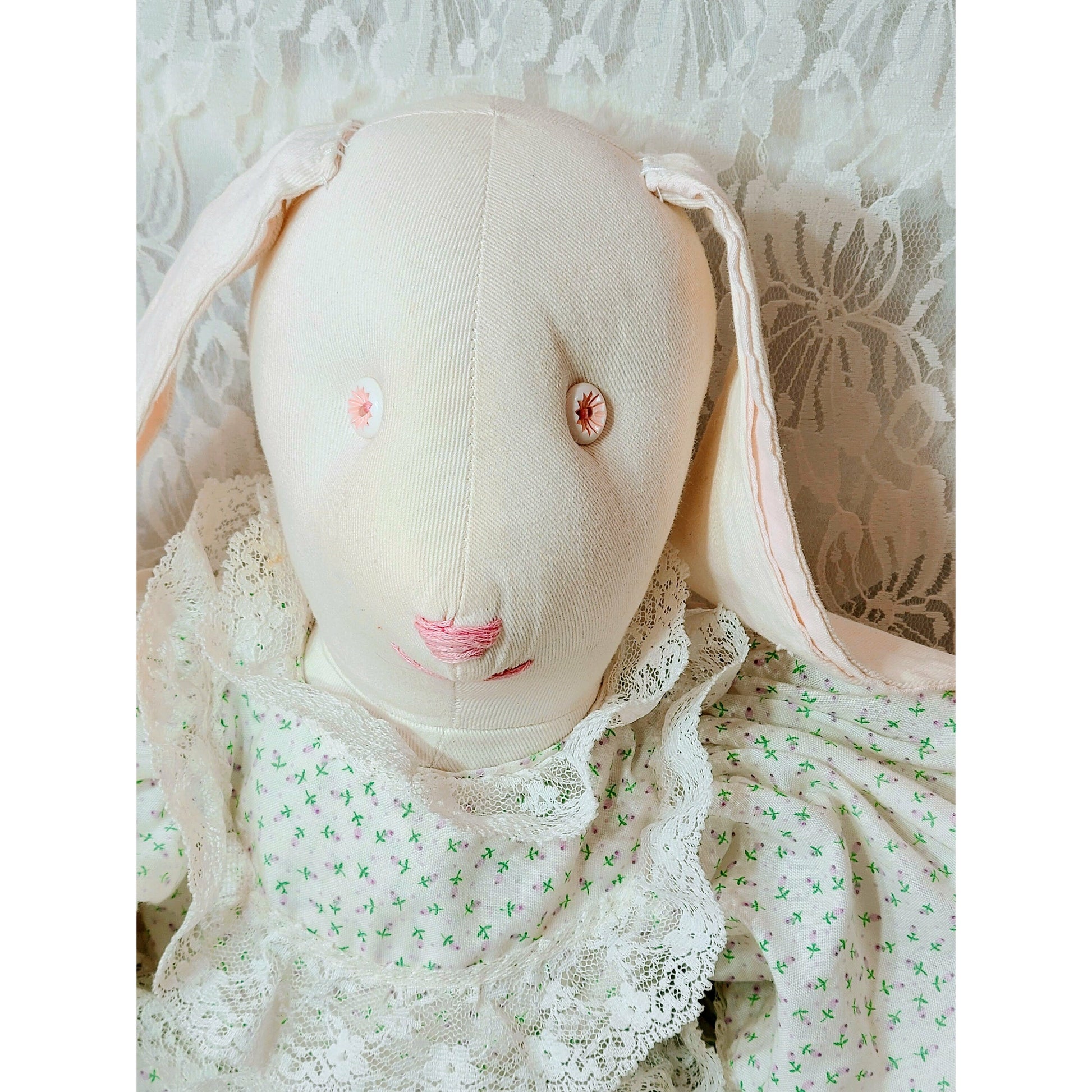 Cloth Bunny Rabbit Hare Girl Doll ~ Handmade 1980s 20" Big OOAK Grandma Style Plush Stuffed Animal Bunny Rabbit ~ Textile Rag Doll