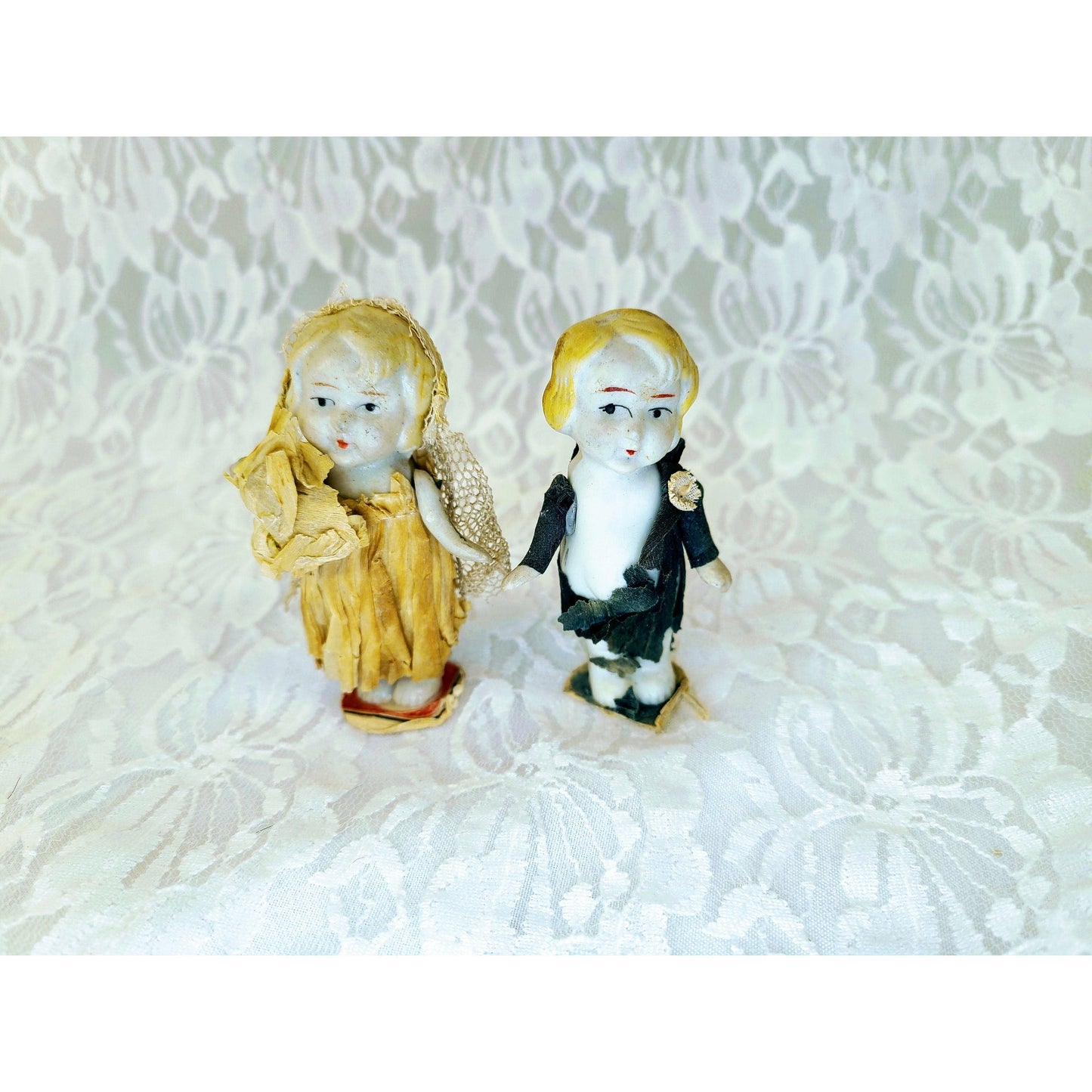 Vintage Wedding Dolls ~ Miniature Frozen Charlotte Bisque 3" Porcelain Dolls ~ Bride & Groom ~ Crepe paper Clothing ~ Sold AS-IS