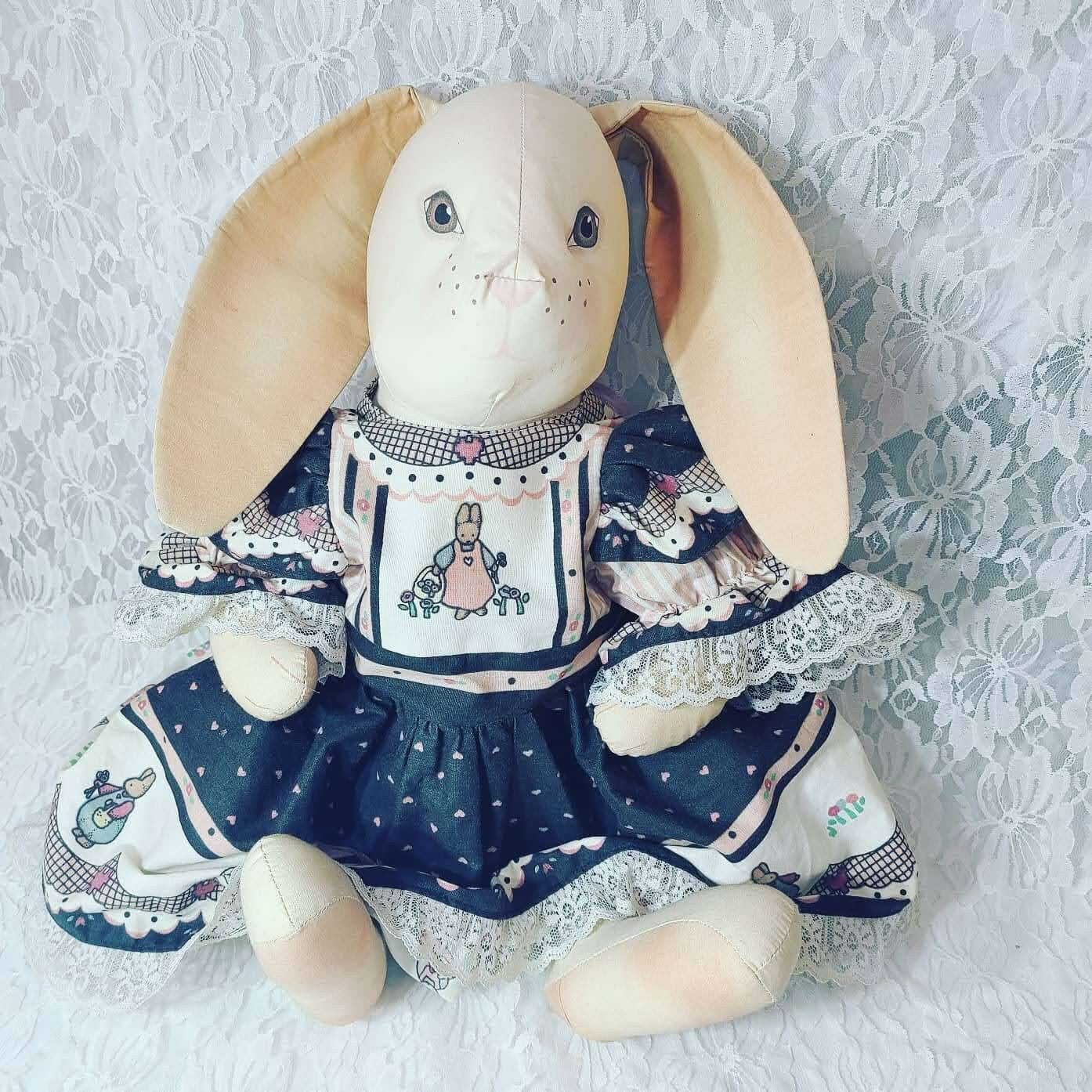 Handmade PLUSH Cloth Bunny Rabbit Hare Girl Doll ~Vintage 1980s 20" Big OOAK ~ Grandma Style ~ Textile Rag Doll