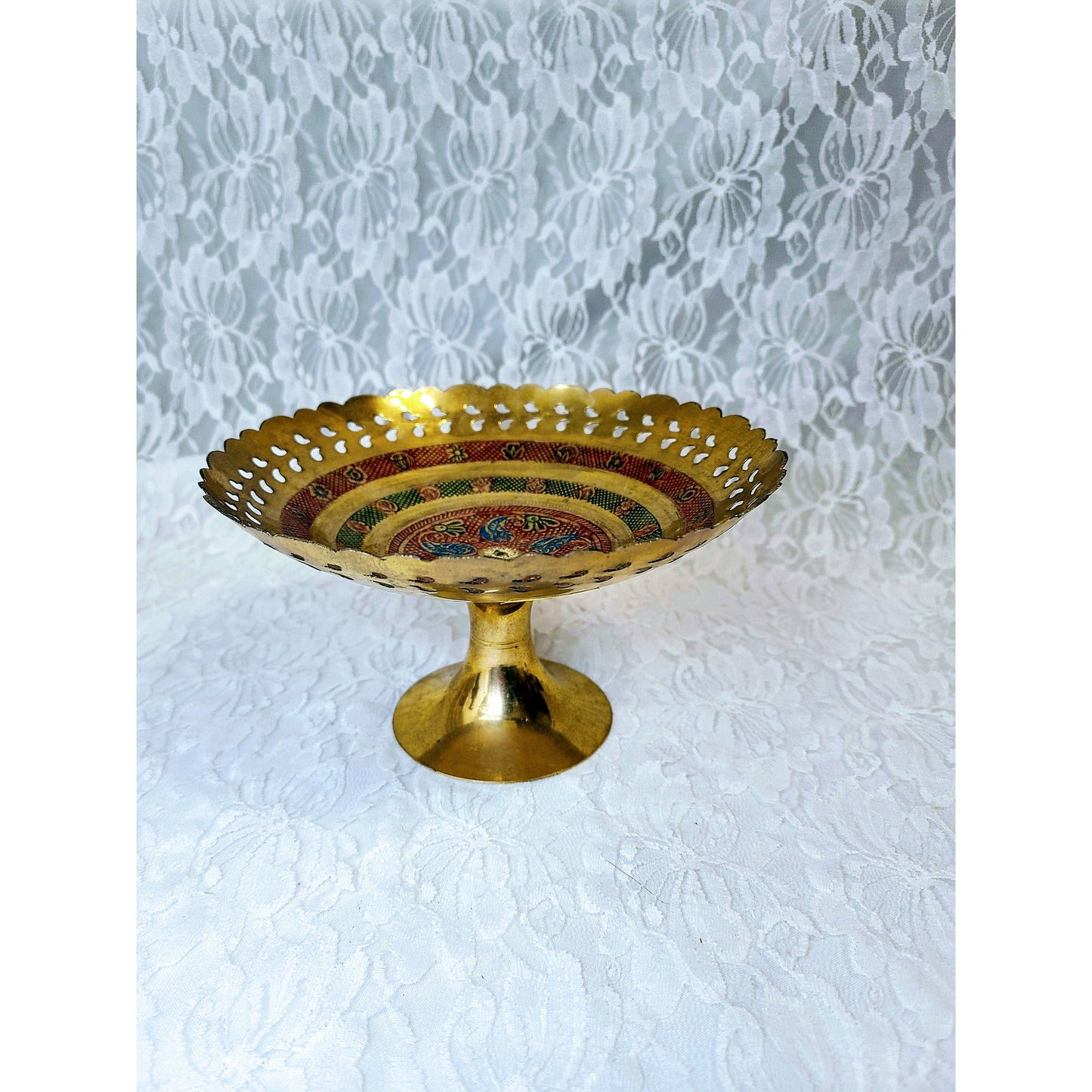 Antique India Brass Enamel Pedestal Plate Tray ~ For Altar or Crystal Display ~ 6.5" wide 3.9" Tall ~ Candies, Serving, or Display