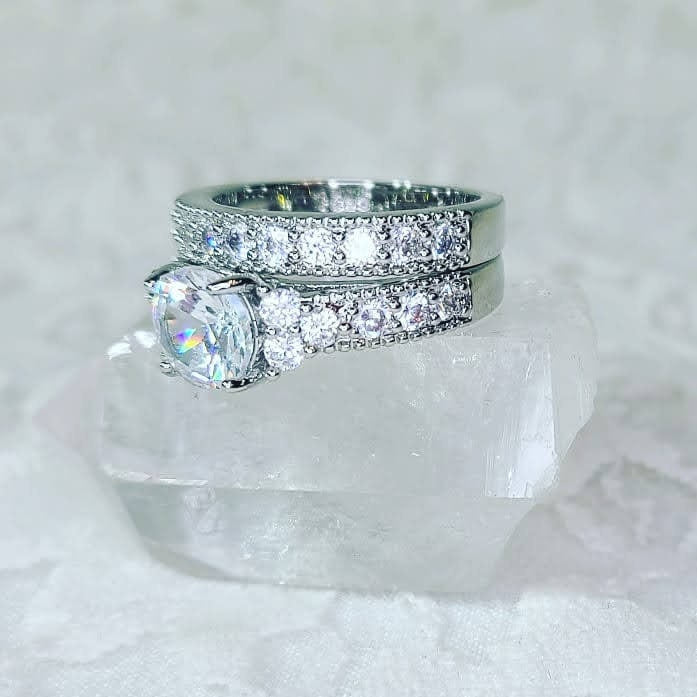 Silver Wedding Set Rings ~ Created Diamond ~ White Sapphires ~ Silver Plated Fashion Ring ~ Comes in Gift Box