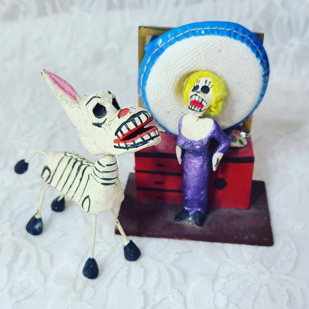 Catrina Doll and Mule ~ Made in Mexico ~ 1960s Folk Art Paper Mache Mexican Folk Art 3.5" ~ Souvenir of Tijuana, Mexico ~ Sold As-Is