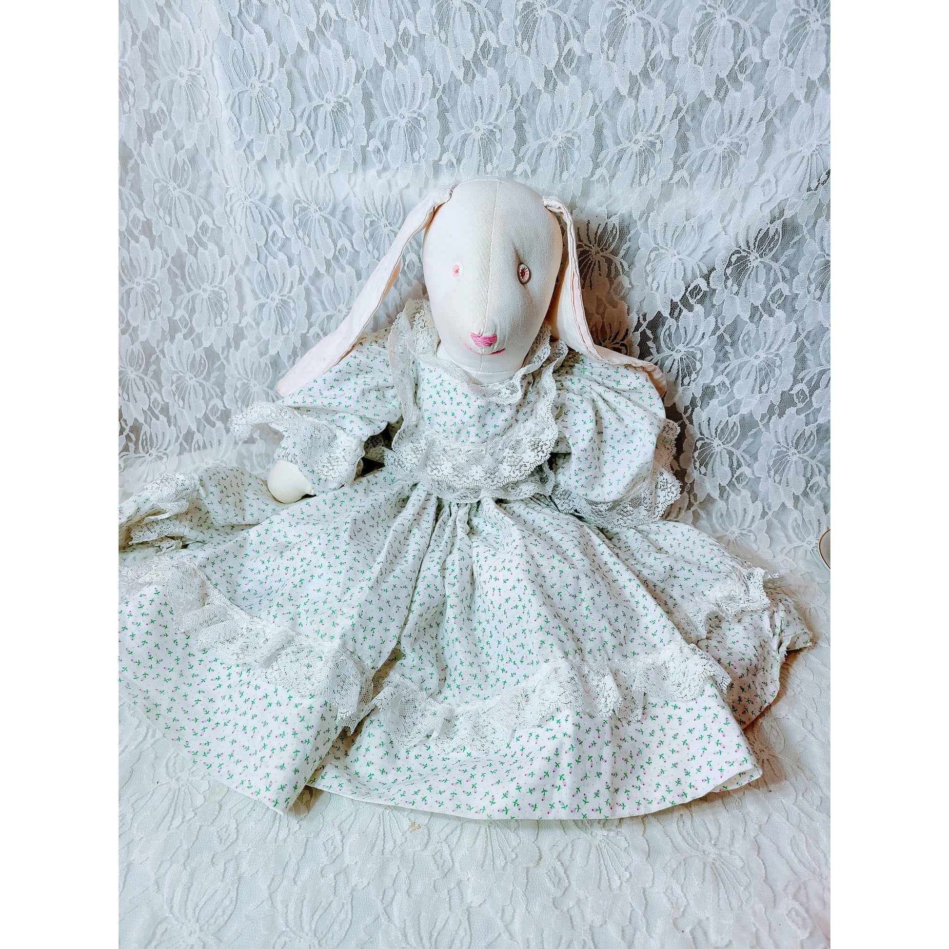 Cloth Bunny Rabbit Hare Girl Doll ~ Handmade 1980s 20" Big OOAK Grandma Style Plush Stuffed Animal Bunny Rabbit ~ Textile Rag Doll