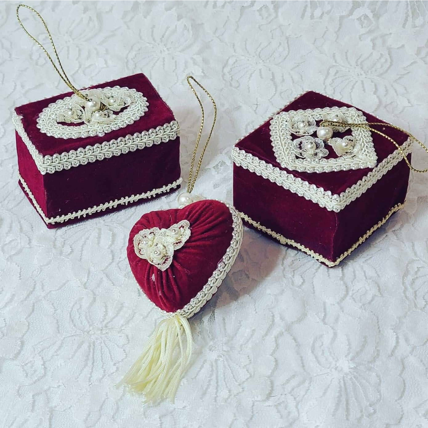 Set of Three (3) Handmade Victorian Valentine's Day, Bridal Shower, or Wedding Decorations ~ Red Velvet Ornaments