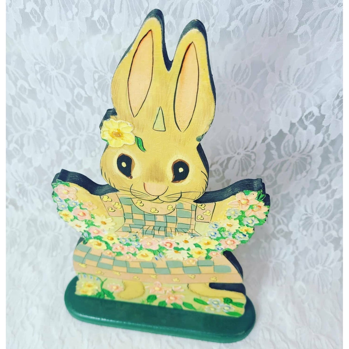 Easter Decorations Vintage 1980s Wooden Handmade Easter Bunny Freestanding Wood Table Ornament ~ Easter Bunny Art