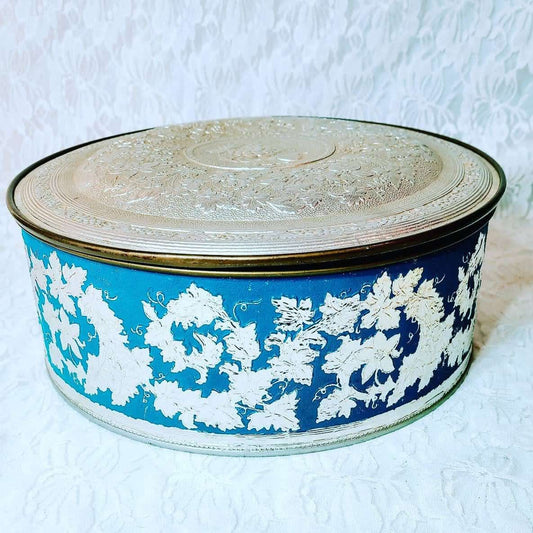 RARE Biscuit Tin ~ Vintage Embossed Tin Container Round ~ Lagendorf Royal Fruit Cake Tin ~ Unique Trinket Box ~ Domed Lid