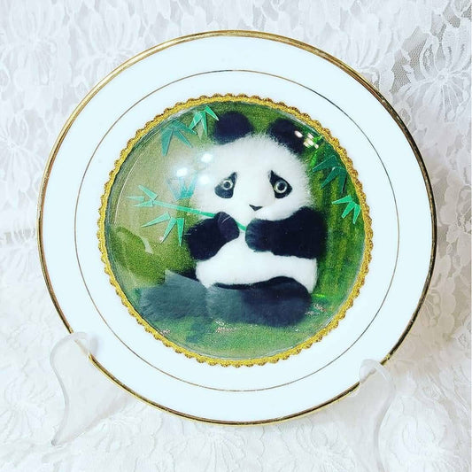 Faux Fur 3D Panda Embroidery Display Plate ~Mid Century Stunning Antique ~ RARE in Original Box ~ 8" Chinese Collectible Plate