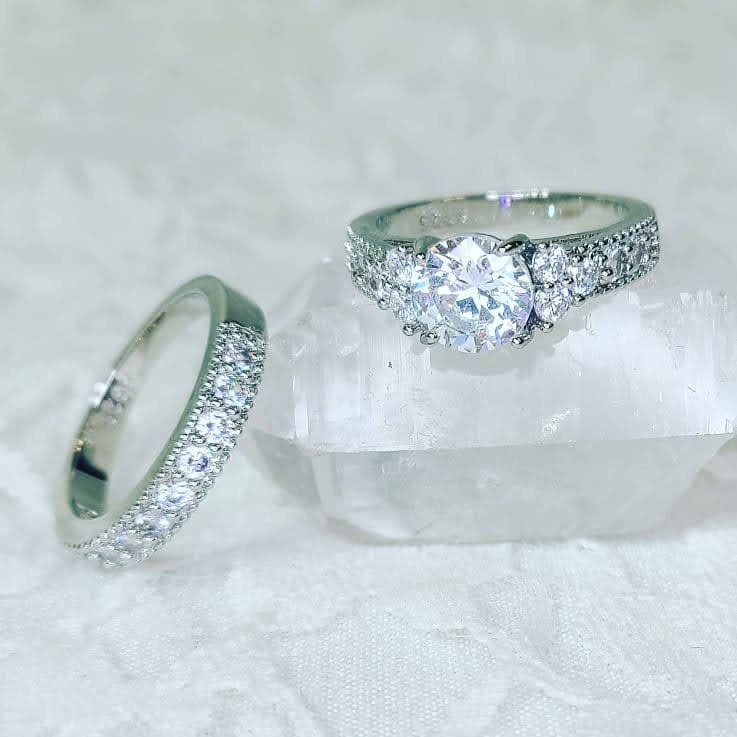 Silver Wedding Set Rings ~ Created Diamond ~ White Sapphires ~ Silver Plated Fashion Ring ~ Comes in Gift Box