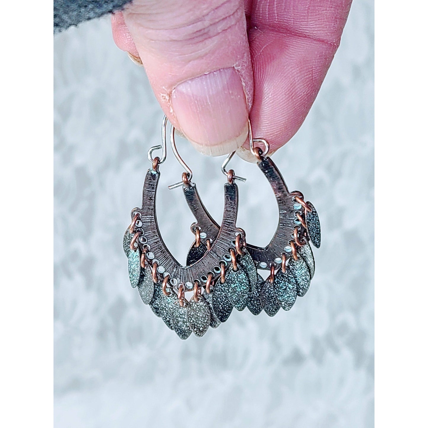 Sedona Etched Copper Dangle Earrings ~ Nice Patina ~ Fringe Metal ~ Native American Style w/ Tiny Coper Feathers
