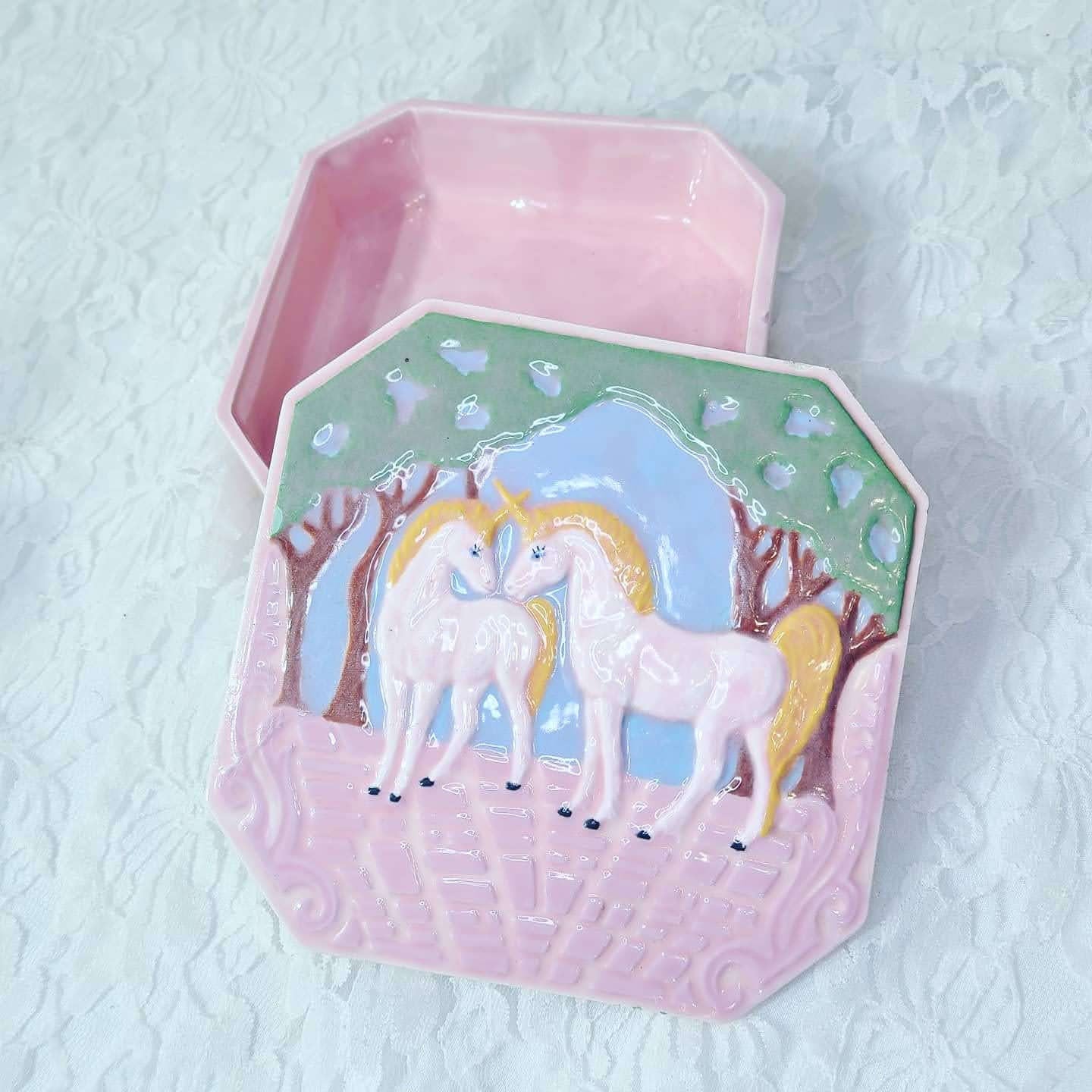 Ceramic UNICORN BOX Large 5.5" Square Jewelry Box ~ RARE 1987 Beautiful Pink Handmade Lidded ~ Trinket Box ~ Container ~ Signed