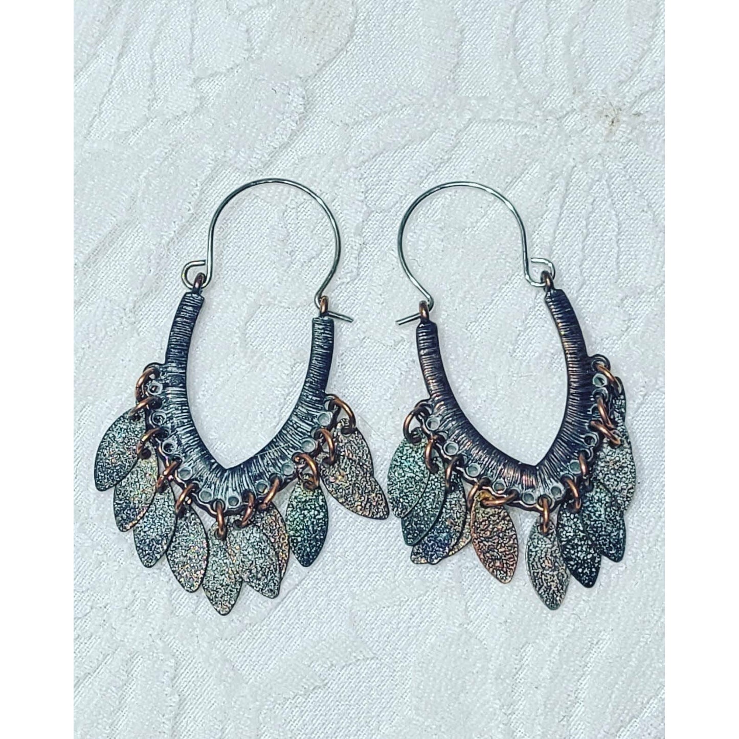 Sedona Etched Copper Dangle Earrings ~ Nice Patina ~ Fringe Metal ~ Native American Style w/ Tiny Coper Feathers