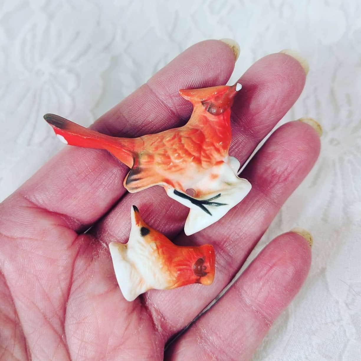 Vintage Set of 2 Porcelain Miniature Ceramic Red Cardinal Birds ~ Red and White ~ Bird Figurines ~ Ohio State Bird
