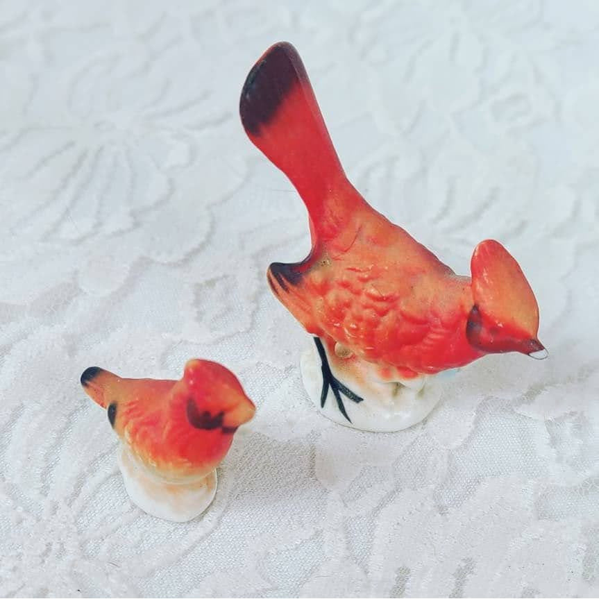 Vintage Set of 2 Porcelain Miniature Ceramic Red Cardinal Birds ~ Red and White ~ Bird Figurines ~ Ohio State Bird