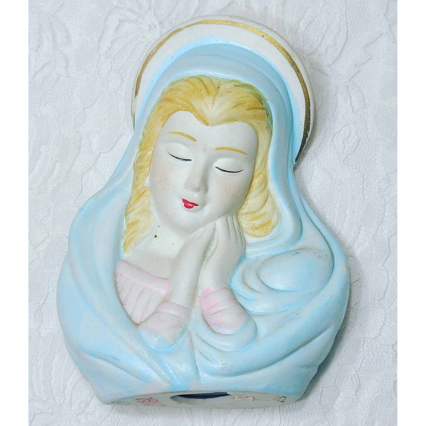 Wall Hanging Virgin Mary w/ Praying Hands ~Madonna /w Halo Bust ~ 3-D ~ Hand-Painted Vintage Chalk-Ware ~ Religious Wall Art ~ 5.5" x 4.25"